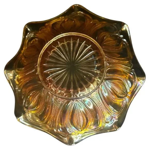 Vintage 70s Amber Marigold Carnival Glass Bowl Herringbone Ruffled Edge - Picture 5 of 8